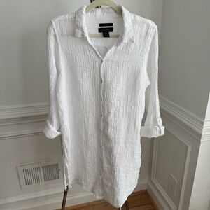 Tahari 100% Linen White Lagenlook Button Down Tunic Shirt Dress Oversized Size L